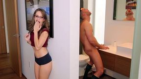 Stepsister teases her XXX cunt while brother jerks off in the bathroom