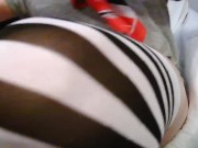 White and blonde female gay, ride and insert dildo in sexy pink ass hole while masturbating