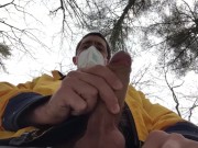 Masked uncut Maine boy cruising outside in the park