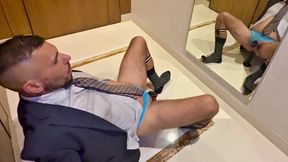 Businessman in Lingeries Plays with His Male-pussy and Shots Cum While Being Locked in Chastity Cage