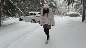 One shoe walk, barefoot in snow, frozen foot, one foot in snow, girl walking barefoot on snow, shivering