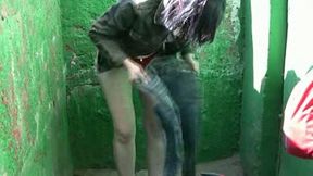 Just an amateur brunette Russian lady in public pissing