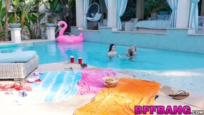 Petite teen dykes lick pussy and finger each other in a pool