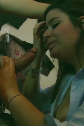 Chubby brunette is blowing big dong