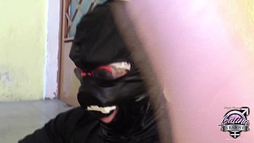 Horny Tgirls gangbang bukkake on a masked dude and he gets sprayed with lots of semen