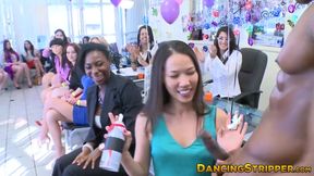 Asian babe deep throating two big hard cocks at CFNM party