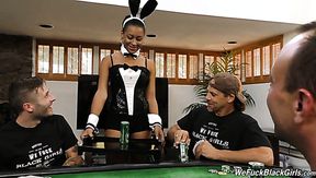 Lovely black woman in bunny costume gets gangbanged by white men