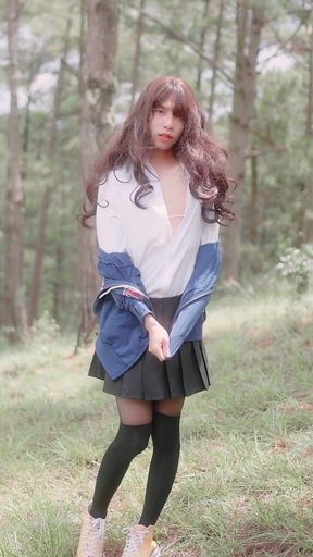 Asian Sissy Chastity and Pantyhose Outside