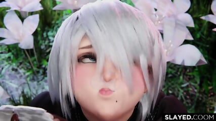 2B ahegao chokes  his big black penis spits sperm in all directions