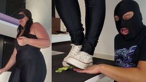 Chubby Participant Steps on Objects With Sneakers