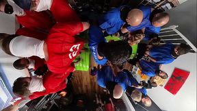 Cheerleaders gangbang football team with sloppy blowjobs and deep throat