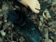 Twink barefoot jerking in the park - cumshot on shoe and foot