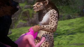 Furry babe gives deep and rough blowjob in two cocks threesome