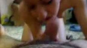 Iranian bitch takes it in her mouth and gets jizzed on her titties
