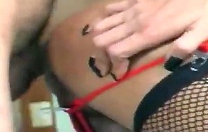 Sexy brunette fucks in red & black lingerie