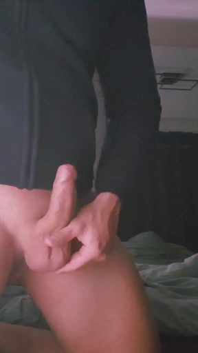 Wanking my Shaved Dick with Low hanging Balls &amp; Cumming   Clip 1