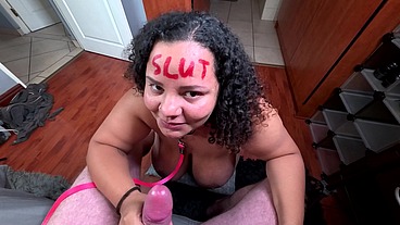 On a leash sucking cock, barking while being degraded