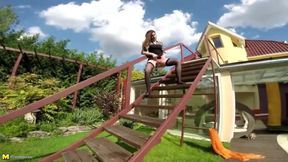 Kinky mommy piss on stairs and masturbates on backyard