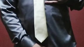 Masturbating in satin shirt and tie