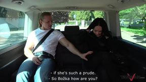 Sad brunette celebrating life and fuck stranger in driving car
