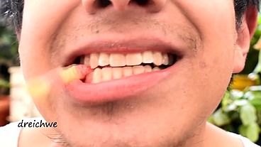 Eating worm gummies in my garden