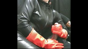 Smoking wife in red rubber gloves milking me 1