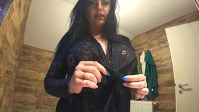 Bathroom Toilet Fetish. Lace Robe Dirty Talk and Shiny Dress Pee Close up