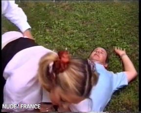 A college girl with blond duvets gets fucked on the lawn.