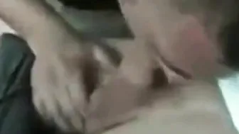 Guy strokes his cock in car with door open for outdoor blowjob