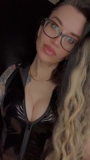 Dildo playing, PVC outfit, fishnets pantyhose and PVC high boots on