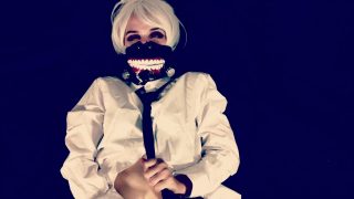 Female Ken Kaneki cosplayer playing with herself