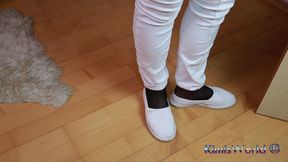 White Jeans, Black Reinforced Toe Stockings &amp; White Espadrilles - Shoeplay &amp; Dangling