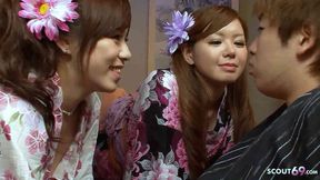 Japanese step-sisters seduce and fuck innocent virgin boy in FFM threesome