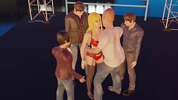 Slimey fans fuck blonde babe Lulu in red lingerie after concert