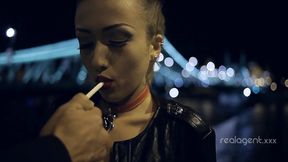 Slut blows long cock at night and gets her face covered with cum