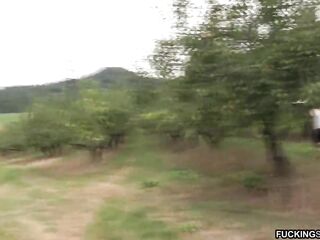 Slim gymnast teen caught and drilled hard by two boyz outdoor