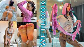Soaked in luxury bathtub I rip my dripping pink hoodie to shreds while my white Calvin Klein set turns fully transparent, peel off wet socks for bare dripping heels & soles, Nike sneakers filled with water – pure wetlook clothes destruction heaven!