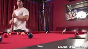 Muscular gay stud Chuck is playing pool and masturbating