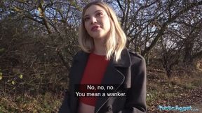 Hot blonde is caught pissing in the woods and takes cash for sex with big cock