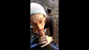 exhibitionist outdoor public blowjob - tits out w/ cumshot swallow
