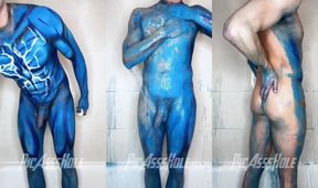 Body paint washed away by XXXL cock muscles slathered in gay sex