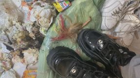 Barbie doll and buffalo sneakers crushed under my buffalo patent sneakers and doc martens Jadon max in a stinky bag trash with rotten garbage