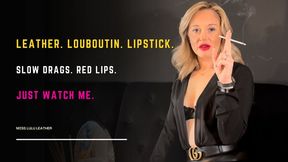 Smoking Lipstick Ritual in Gold Louboutins & Leather Mini: Legs Crossed Glam Tease with Red Application - Miss Lulu Leather - MP4 HD