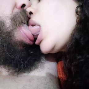 CLOSE UP HORNY HOT KISS, SLUT FUCKING AND SUCKING CUCKOLD&#039;S TONGUE
