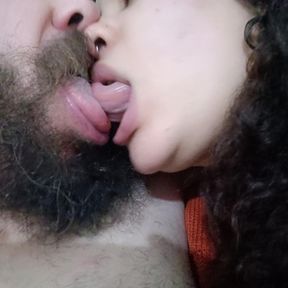 CLOSE UP HORNY HOT KISS, SLUT FUCKING AND SUCKING CUCKOLD&#039;S TONGUE