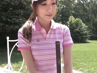 Naughty brunette sucks stud's dick after a game of golf