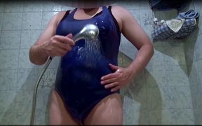 Fake Boobs E-cup: Getting Blue Swimsuit Wet with Big Strapon Tits. Shaved Chubby Crossdresser Sissy Tobi