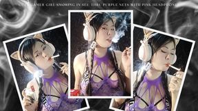 Happy E-Girl Vibes : Cute Gamer Girl Smoking in See-Thru Purple Nets with Pink Headphones