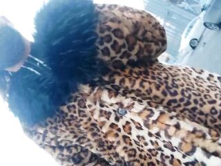 Oriental Sissy Ladyboy Walking in the Town in Leopard Coat