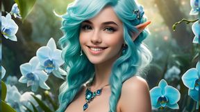 Beautiful Elf Girls in Garden of Blue Orchids